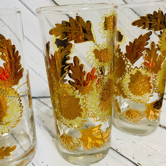 Set of 4 Vintage Mid Center Modern Pokee Yellow 22K Gold Chrysanthemum glasses - Picture 2 of 8